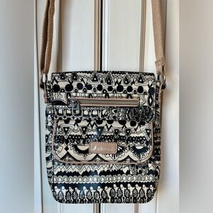 Sakroots black/white Artist Circle coated canvas shoulder/crossbody bag. NWOT